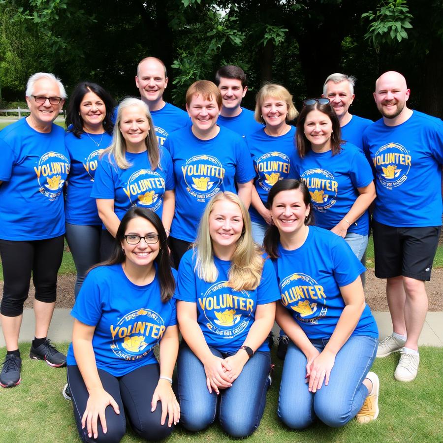 Volunteer group photo in matching blue and gold shirts
