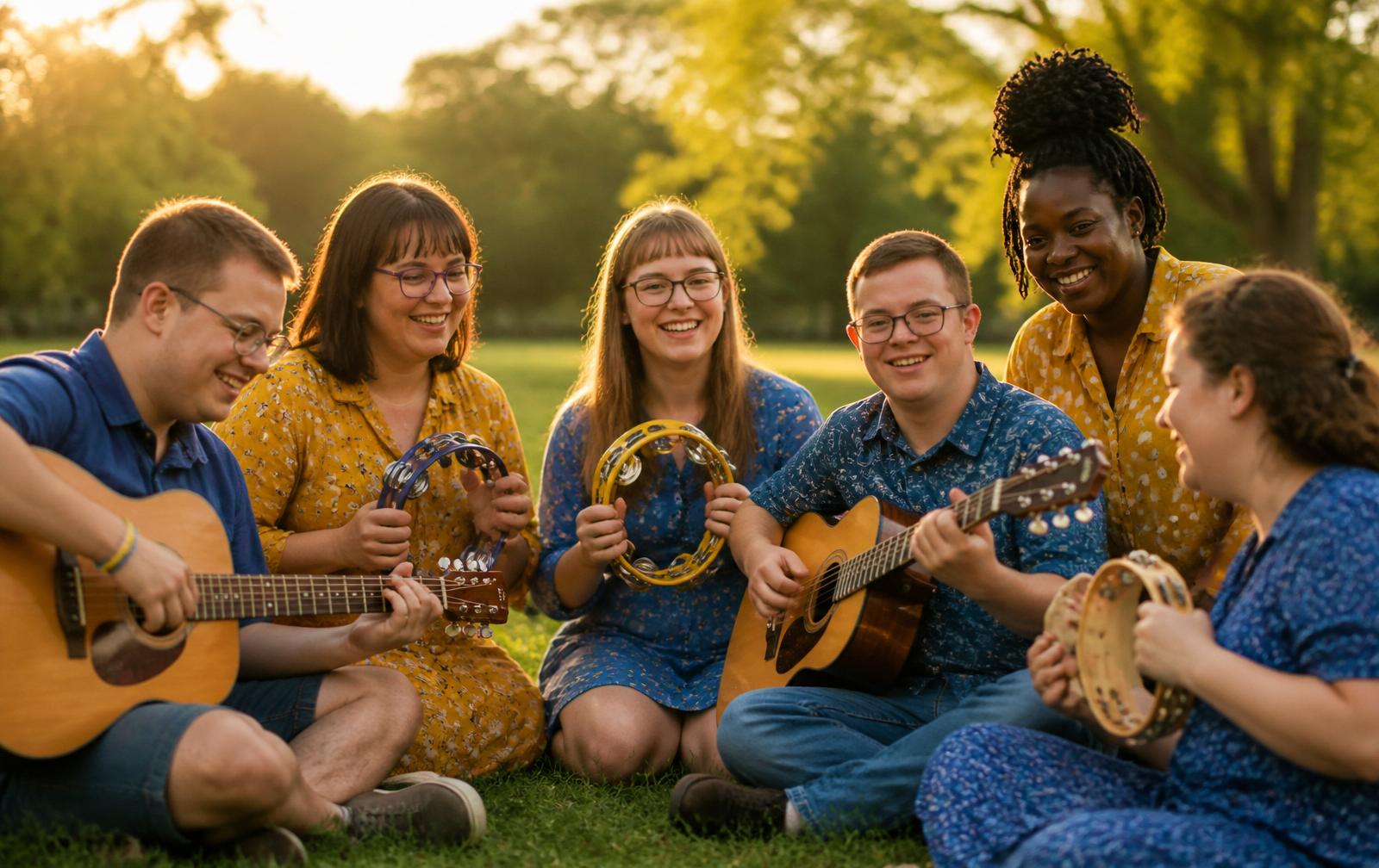 Friends playing music together outdoors at golden hour